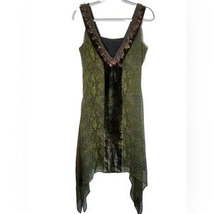 Anna Trzbinski Patterned Green Dress with Beaded/Feathered Collar Size UK 12